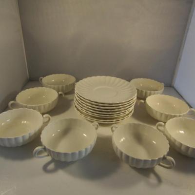 Eight Copeland Spode Double Handled Boullion Cups with Plates- Chelsea Wicker Pattern