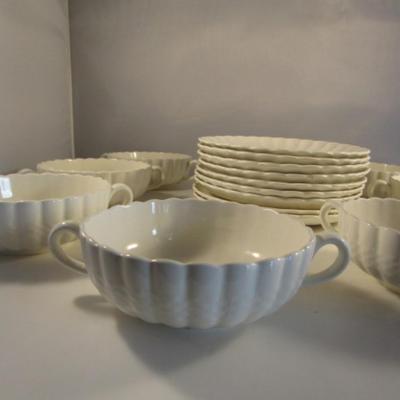 Eight Copeland Spode Double Handled Boullion Cups with Plates- Chelsea Wicker Pattern
