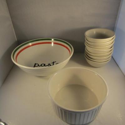 Assorted Kitchen Ware- Large Pasta Bowl, Doranne Baking Dish, Assorted Porcelain Bowls