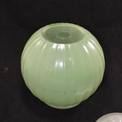 Vintage Jadeite Colored Cookie Jar & Floral Metal Lid AS IS 7.5"