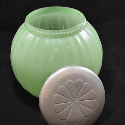 Vintage Jadeite Colored Cookie Jar & Floral Metal Lid AS IS 7.5"