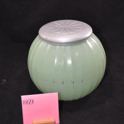 Vintage Jadeite Colored Cookie Jar & Floral Metal Lid AS IS 7.5"