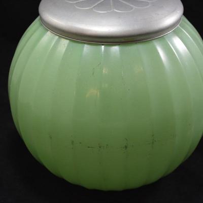 Vintage Jadeite Colored Cookie Jar & Floral Metal Lid AS IS 7.5"