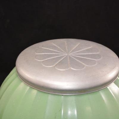 Vintage Jadeite Colored Cookie Jar & Floral Metal Lid AS IS 7.5