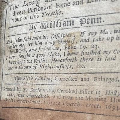 Book: No Cross No Crown By William Penn Fifth edition/ Year 1694
