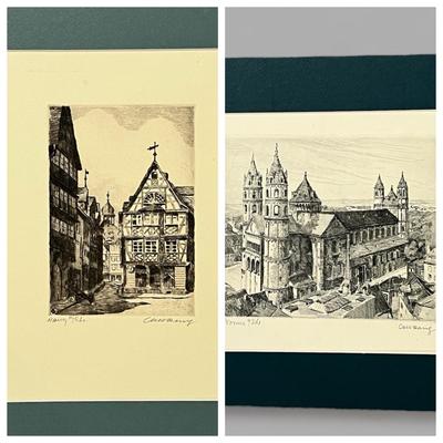 2 Antique German Etchings Signed Originals