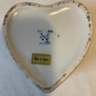 Vintage air heart-shaped container made in Japan, Mini flowered plate Royal Worchester England, miniature tea cup gold trim