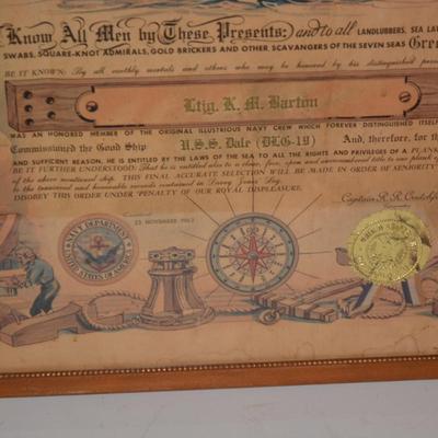 1963 U.S. Navy U.S.S. Dale Captain R.R. Crutchfield Plank Owner Certificate