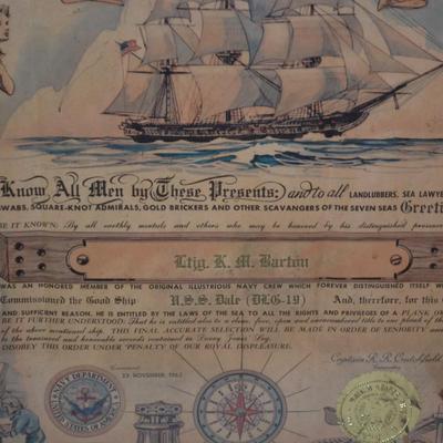 1963 U.S. Navy U.S.S. Dale Captain R.R. Crutchfield Plank Owner Certificate