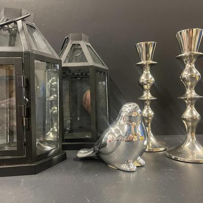 Lot of Home Accents: Pair of Candlesticks, Pair of Lanterns, Ceramic Bird
