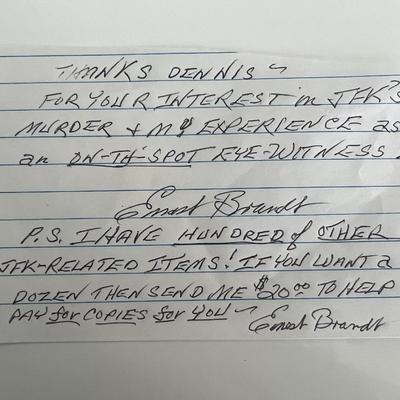 JFK Assassination Ernest Brandt signed note 