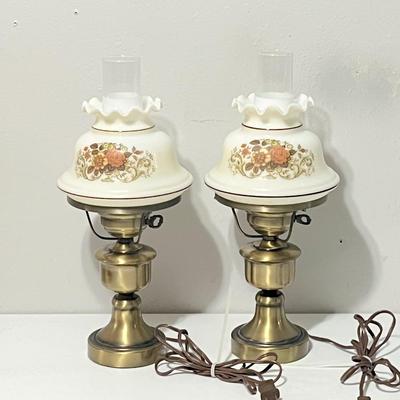 Pair (2) ~ Vtg. Glass & Brass Hurricane Lamps