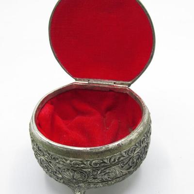 Vintage Ornate Victorian Style Footed Red Felt Lined Round Floral Design Jewelry Box