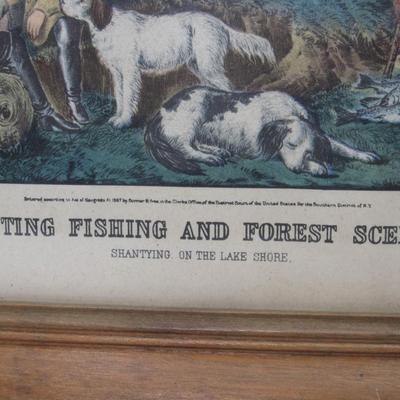 Vintage Framed Reproduction Art Print Currier & Ives Shantying on the Lake Shore Hunting Fishing and Forestry Sciences