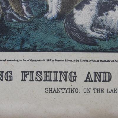 Vintage Framed Reproduction Art Print Currier & Ives Shantying on the Lake Shore Hunting Fishing and Forestry Sciences