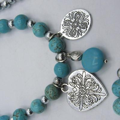 Set of Stretchy Band Turquoise Color Beaded Bracelet Charms