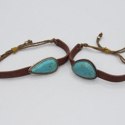 Pair of Leather & Turquoise Southwestern Style Adjustable Bands Bracelets