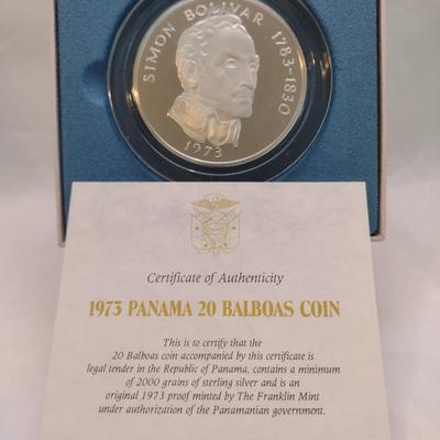 1973 Panama 20 Balboas 2000 Grain Sterling Silver .925 Proof Coin Franklin Mint with C.O.A. (#63)