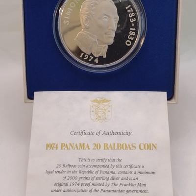 1974 Panama 20 Balboas 2000 Grain Sterling Silver .925 Proof Coin Franklin Mint with C.O.A. (#64)