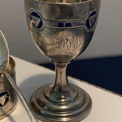 Antique Sterling SIlver Enamel Egg Cup, Spoon, Napkin Ring