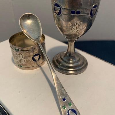 Antique Sterling SIlver Enamel Egg Cup, Spoon, Napkin Ring
