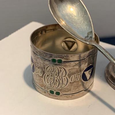 Antique Sterling SIlver Enamel Egg Cup, Spoon, Napkin Ring