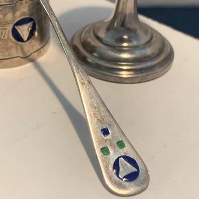 Antique Sterling SIlver Enamel Egg Cup, Spoon, Napkin Ring