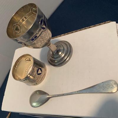Antique Sterling SIlver Enamel Egg Cup, Spoon, Napkin Ring