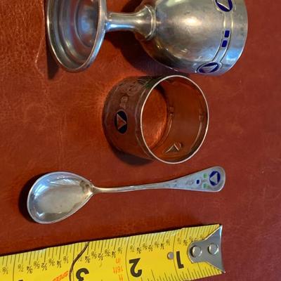 Antique Sterling SIlver Enamel Egg Cup, Spoon, Napkin Ring