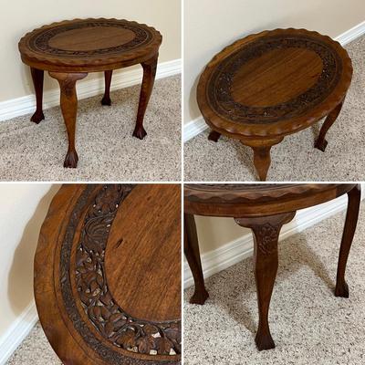 Pair (2) Solid Mahogany Carved Lattice Clawfoot Tables