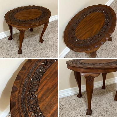 Pair (2) Solid Mahogany Carved Lattice Clawfoot Tables