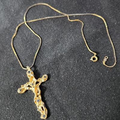 Sapphire Gold Tone Cross Necklace