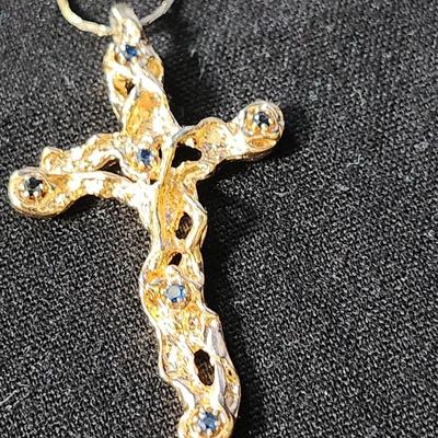 Sapphire Gold Tone Cross Necklace