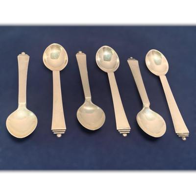6 Miniature Georg Jensen Pyramid Sterling Spoons Denmark