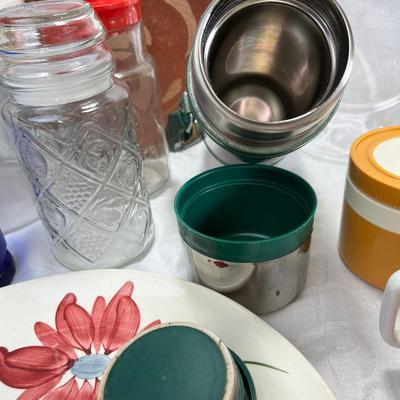 Stanley Thermos, vintage jars and plates