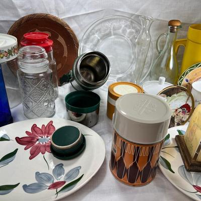 Stanley Thermos, vintage jars and plates