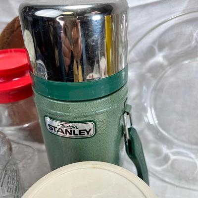 Stanley Thermos, vintage jars and plates