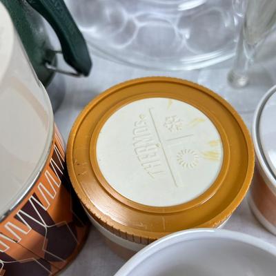 Stanley Thermos, vintage jars and plates