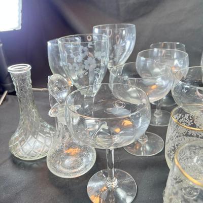vintage glassware, wine, water etched glasses