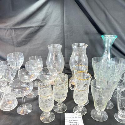 vintage glassware, wine, water etched glasses