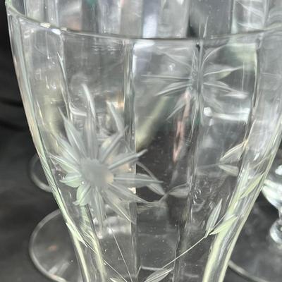 vintage glassware, wine, water etched glasses
