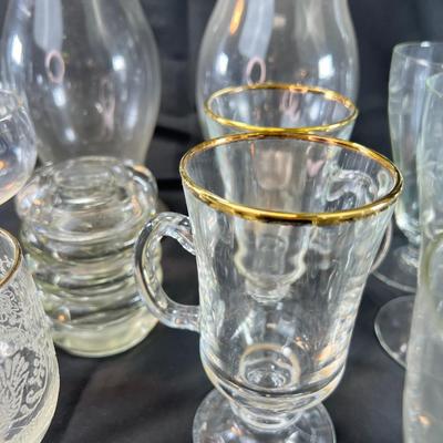 vintage glassware, wine, water etched glasses