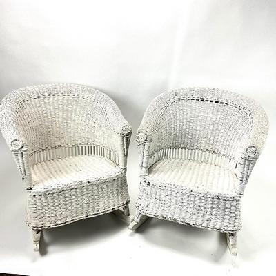 1913 Antique Victorian Solid Wicker Porch Rocking Chairs PAIR