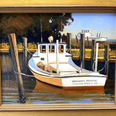 1922 Original Oil Painting titled "Broken Arrow" Workboat by Steve Rogers