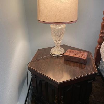 Vintage side table with wood box and crystal lamp