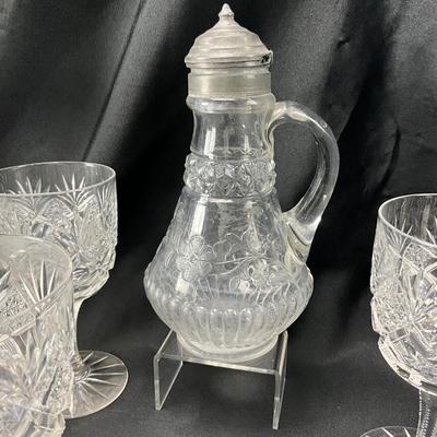 1933 Hawkes Holland Crystal Water Goblets & Antique Syrup Pitcher