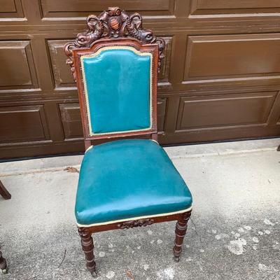 Set of Six Antique Carved Wood Teal Chairs (G-HS)