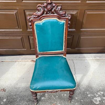 Set of Six Antique Carved Wood Teal Chairs (G-HS)