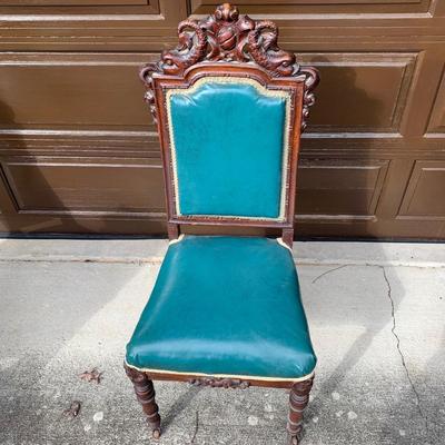 Set of Six Antique Carved Wood Teal Chairs (G-HS)
