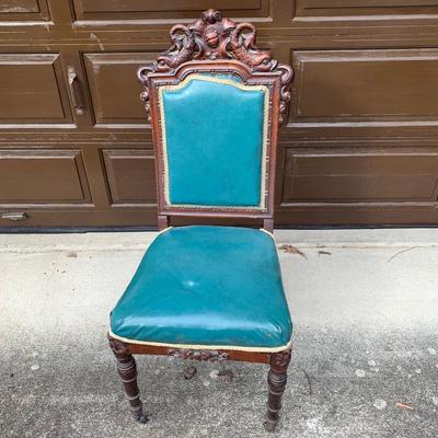 Set of Six Antique Carved Wood Teal Chairs (G-HS)